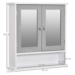 kleankin Mirror Cabinet Wall Mounted with Double Mirrored Doors, Hanging Cabinet with Cupboard and Shelf, Bathroom Wall Storage Organizer, Grey