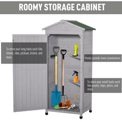 Outsunny Wooden Garden Shed, Outdoor Storage Cabinet with 2 Shelves and Hooks, Locking Organiser Outdoor Narrow Tool House, 74x55x155cm, Grey