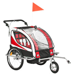 HOMCOM Baby Bike Trailer, Child Bicycle Trailer with 5 Point Harness, Steel Frame, Reflectors, Safety Flag, Hitch Coupler, Red