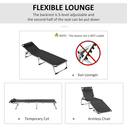 Outsunny Foldable Outdoor Sun Loungers Set of 2, Reclining Lounge Chair Camping Bed Cot with Pillow 4-Level Adjustable Back Aluminium Frame, Black