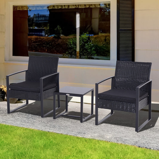 Outsunny 2 Seater Rattan Coffee Set-Black