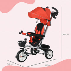 HOMCOM Metal Frame 6 in 1 Baby Push Tricycle with Parent Handle for 1-5 Years Old, Red