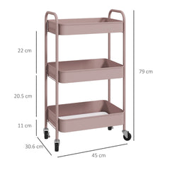 HOMCOM Three-Tier Steel Storage Trolley - Pink