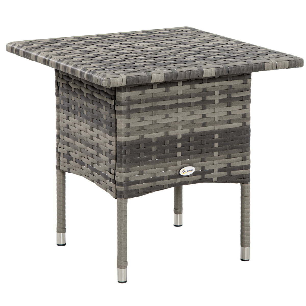 Outsunny Rattan Side Table, Outdoor Coffee Table with Plastic Board Under the Full Woven Table Top for Patio, Garden, Balcony, Mixed Grey