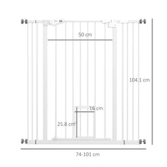 بوابة PawHut Extra Tall Pet Gate، بوابة أمان للكلاب في الأماكن المغلقة، مع فتحة للقطط، إغلاق تلقائي، عرض 74-101 سم - أبيض