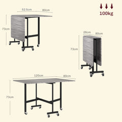 HOMCOM Six-Seater Drop-Leaf Dining Table, with Wheels - Grey Wood-Effect