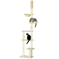 PawHut Floor to Ceiling Cat Tree for Indoor Cats, 6-Tier Play Tower Climbing Activity Center with Scratching Post, Platforms, Bed, Hammock, Adjustable Height 230-250cm, Beige