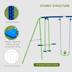 Outsunny Metal Garden Swing Set Height Adjustable Children Outdoor Backyard Play Set for Toddlers Over 3 Years Old, Green