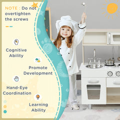 HOMCOM Kids Wooden Pretend Play Toy Kitchen Cooking Set Role Play Phone for Boys Girls White