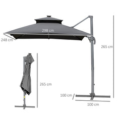 Outsunny 3m Cantilever Parasol, Outdoor Offset Patio Umbrella, Solar LED Lighted Hanging Sun Shade Canopy with Tilt and Crank Handle, Cross Base for Lawn, Beach and Poolside, Grey