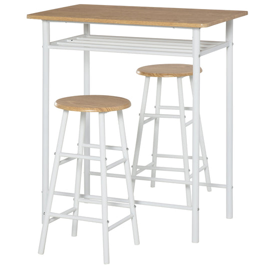 HOMCOM Bar Table Set, Bar Table and Stools Set, Footrest and Storage Shelf, for Kitchen, Dining Room, Pub, Cafe, White and Oak