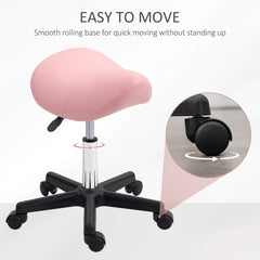 HOMCOM Saddle Stool, PU Leather Adjustable Rolling Salon Chair with Steel Frame for Massage, Spa, Beauty and Tattoo, Pink