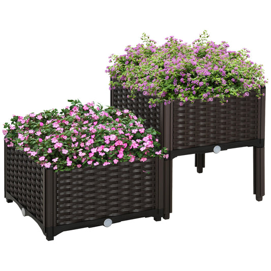 Outsunny Set of 2 26L Garden Raised Bed Elevated Patio Flower Plant Planter Box PP Vegetables Planting Container, Brown