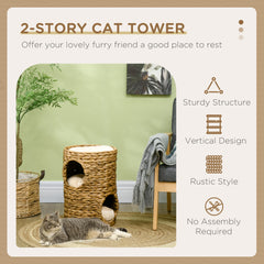 PawHut 47cm Cat Barrel Tree for Indoor Cats with 2 Condos, Kitten Tower with Cushion - Light Brown