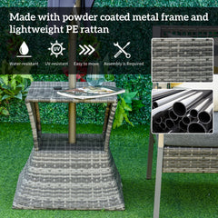 Outsunny Outdoor Patio Rattan Wicker Coffee Table Bistro Side Table w/ Umbrella Hole and Storage Space, Grey