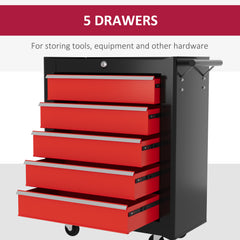 HOMCOM 5-Drawer Tool Chest with Wheels, Steel Lockable Tool Storage Cabinet with Handle, 2 Keys for Garage, Workshop, Red