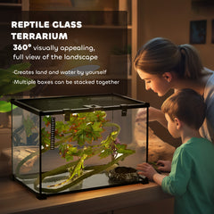 PawHut Glass Reptile Terrarium with Decor Kit, Breeding Tank with Thermometer for Small Animals, 50 x 30 x 35cm, Heated - Black