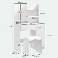 طاولة زينة HOMCOM مع مرآة ومقعد، طاولة زينة، مكتب مكياج عصري مع درج، خزانة تخزين ورف قابل للتعديل لغرفة النوم، أبيض