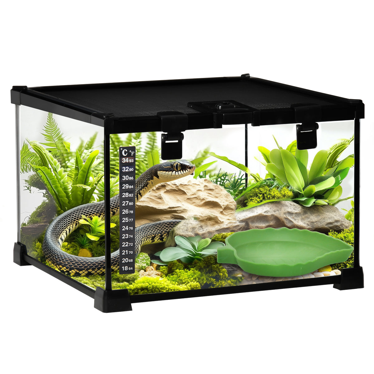 PawHut Glass Reptile Terrarium Insect Breeding Tank Vivarium Habitats with Thermometer for Lizards, Horned Frogs, Snakes, Spiders - Small 30 x 30 x 20cm