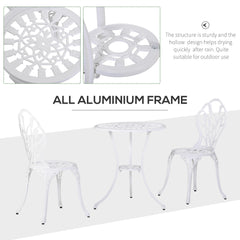 Outsunny 3 Piece Patio Bistro Set for 2, Outdoor Aluminium Garden Table and Chairs with Umbrella Hole for Balcony, White