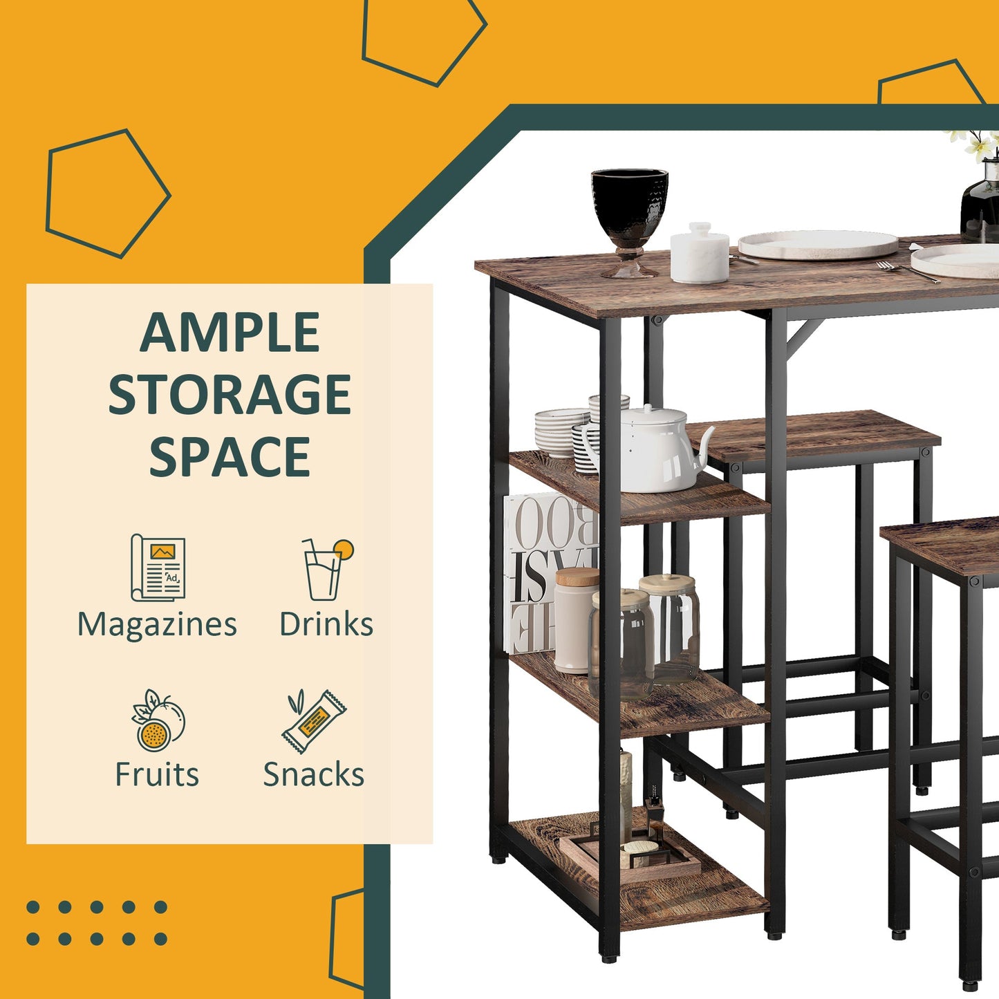 HOMCOM Industrial Bar Height Dining Table Set With 2 Stools & Side Shelf, 3 Pieces Coffee Table for Dining Room, Kitchen, Dinette