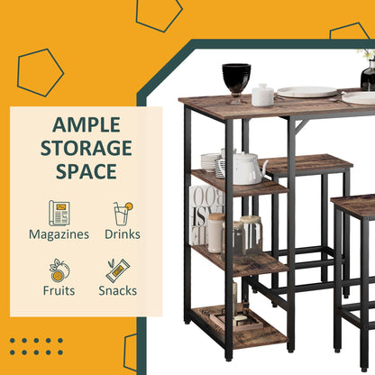 HOMCOM Industrial Bar Height Dining Table Set With 2 Stools & Side Shelf, 3 Pieces Coffee Table for Dining Room, Kitchen, Dinette