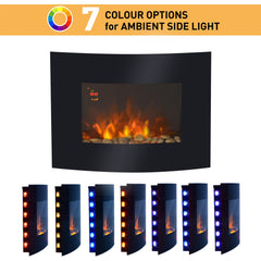 HOMCOM Led Wall Mounted Fireplace Curved Glass Electric Fire Place Fire Place 7 Colour Side Lights Slimline, 900/1800W, 65cm x 52cm