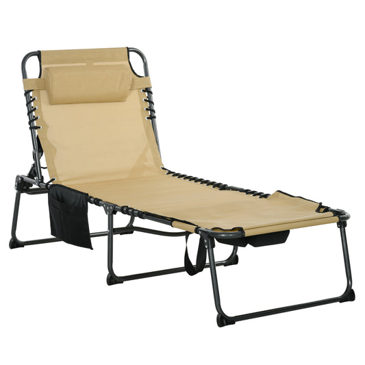 Outsunny Folding Sun Lounge with 5-level Reclining Back, Outdoor Tanning Chair with Reading Hole, Outdoor Sun Lounge with Side Pocket, Headrest, for Beach, Yard, Patio, Beige