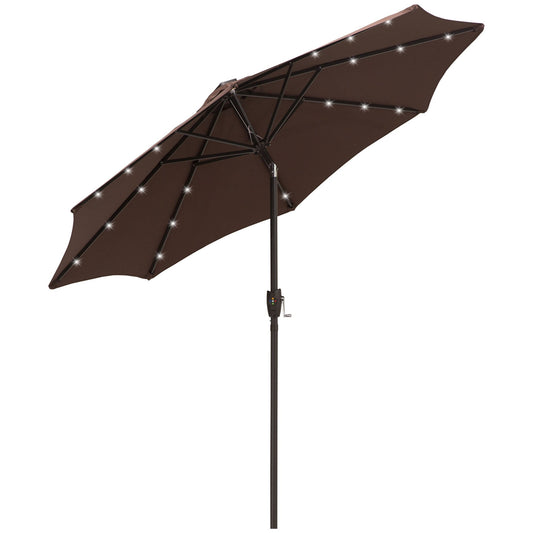 Outsunny 2.7m Garden 24 LED Light Parasol Solar Outdoor Tilt Sun Umbrella Patio Club Party Event Manual Sun Shade w/ Hand Crank and 8 Ribs, Brown