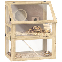 PawHut Wooden Hamster Cage with Detachable 32cm Deep Bottom, Hut, Seesaw, Exercise Wheel, Ramps, 60 x 40 x 75cm