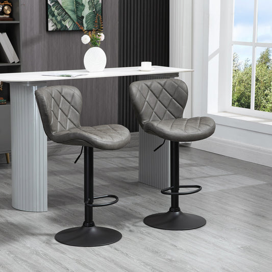 HOMCOM Bar Stools, Set of 2 Breakfast Bar Chairs, Swivel Barstools with Backrest and Footrest, Steel Frame Diamond Pattern PU, for Kitchen Counter, Dining Room, Dark Grey