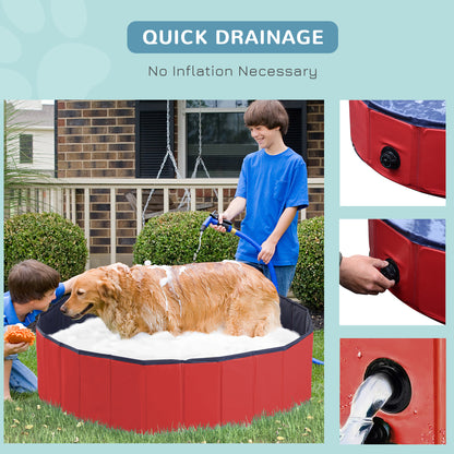 PawHut Dog Paddling Pool, Foldable Dog Pool, Leakproof & Hard Plastic, Portable Pet Bathtub with Non-Slip Base & Drainage Hole, for Indoors, Outdoors, Garden, Patio, 120 x 30 cm, Red