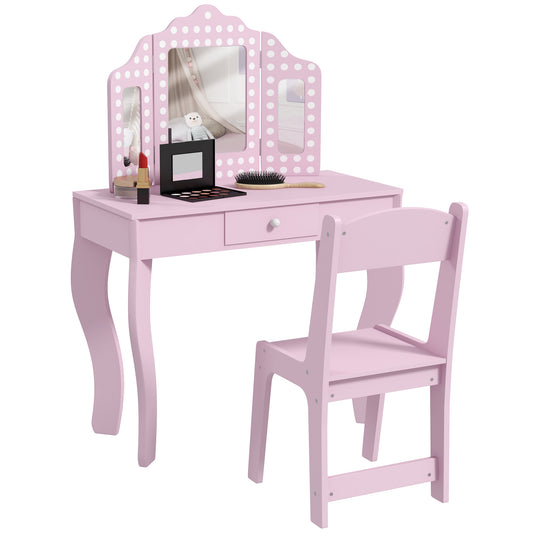 AIYAPLAY Kids Dressing Table Sets with Stool and Tri-Fold Mirror, Drawer for Playroom, Bedroom - Pink