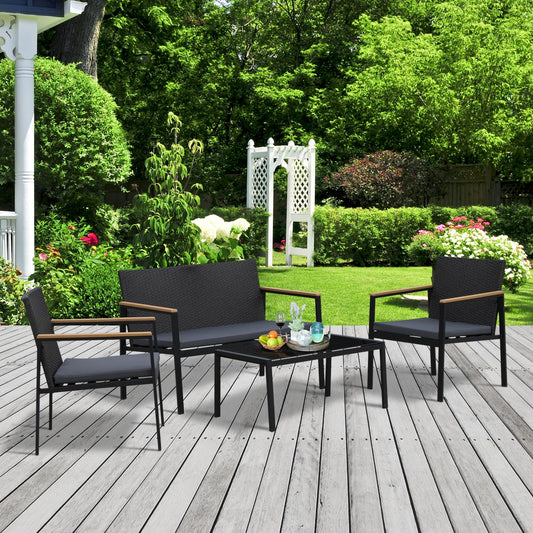 Outsunny 4PC Rattan Garden Furniture Set 2 Single Sofa Arm Chairs 1 Bench Loveseat with Cushions & Coffee Table Patio Backyard Wicker Weave