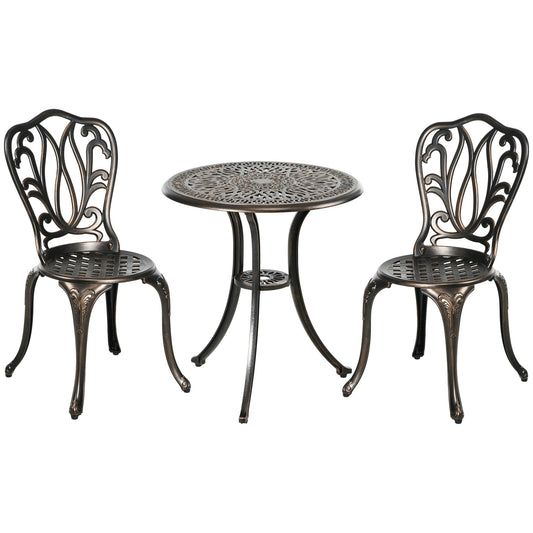 Outsunny 3 Piece Garden Bistro Set Aluminium Outdoor Furniture Set for 2 Patio Chairs and Table with Umbrella Hole Bronze Tone