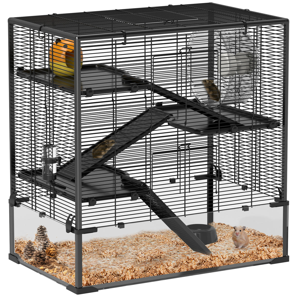 PawHut 4 Tiers Hamster Cage with Deep Tempered Glass Bottom, Hut, Running Wheel, Food Dish, Water Bottle, 78.5 x 48.5 x 80cm