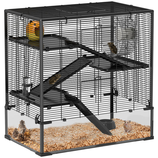 PawHut 4 Tiers Hamster Cage with Deep Tempered Glass Bottom, Hut, Running Wheel, Food Dish, Water Bottle, 78.5 x 48.5 x 80cm