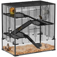 PawHut 4 Tiers Hamster Cage with Deep Tempered Glass Bottom, Hut, Running Wheel, Food Dish, Water Bottle, 78.5 x 48.5 x 80cm