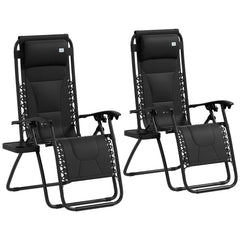 Outsunny Zero Gravity Lounger Chair Set of 2, Folding Reclining Patio Chair with Padded Seat, Cup Holder, Soft Cushion and Headrest for Poolside, Camping, Black