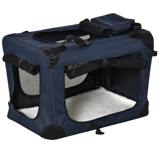 PawHut Foldable Pet Carrier for Small and Miniature Dogs, Portable Cat Carrier Soft Side Pet Travel Crate with Removable Mat, Storage Bags, Breathable Mesh 70 x 51 x 50cm - Dark Blue