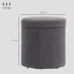 HOMCOM 40cm Round Storage Ottoman, Corduroy Footstool with Removable Lid and Legs, Vanity Stool for Living Room, Bedroom, Grey