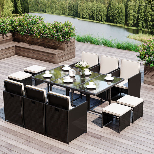 Outsunny Rattan Dining Set Garden Furniture Patio set 11 PC with Cushion Black /Milk White