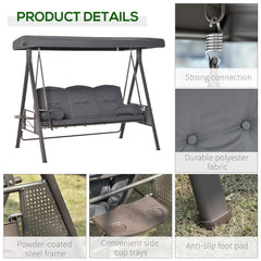 Outsunny 3 Seater Garden Swing Chair Outdoor Hammock Bench w/ Adjustable Canopy, Cushions and Cup Trays, Brown Steel Frame, Dark Grey Fabric