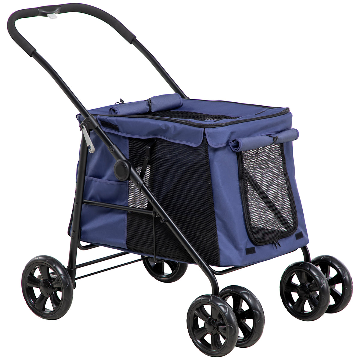 PawHut Dog Pram Dog Stroller 4 Wheels Pet Pushchair with Rolling Door, Cushion, Safety Leashes, for Small and Medium Dogs, Dark Blue