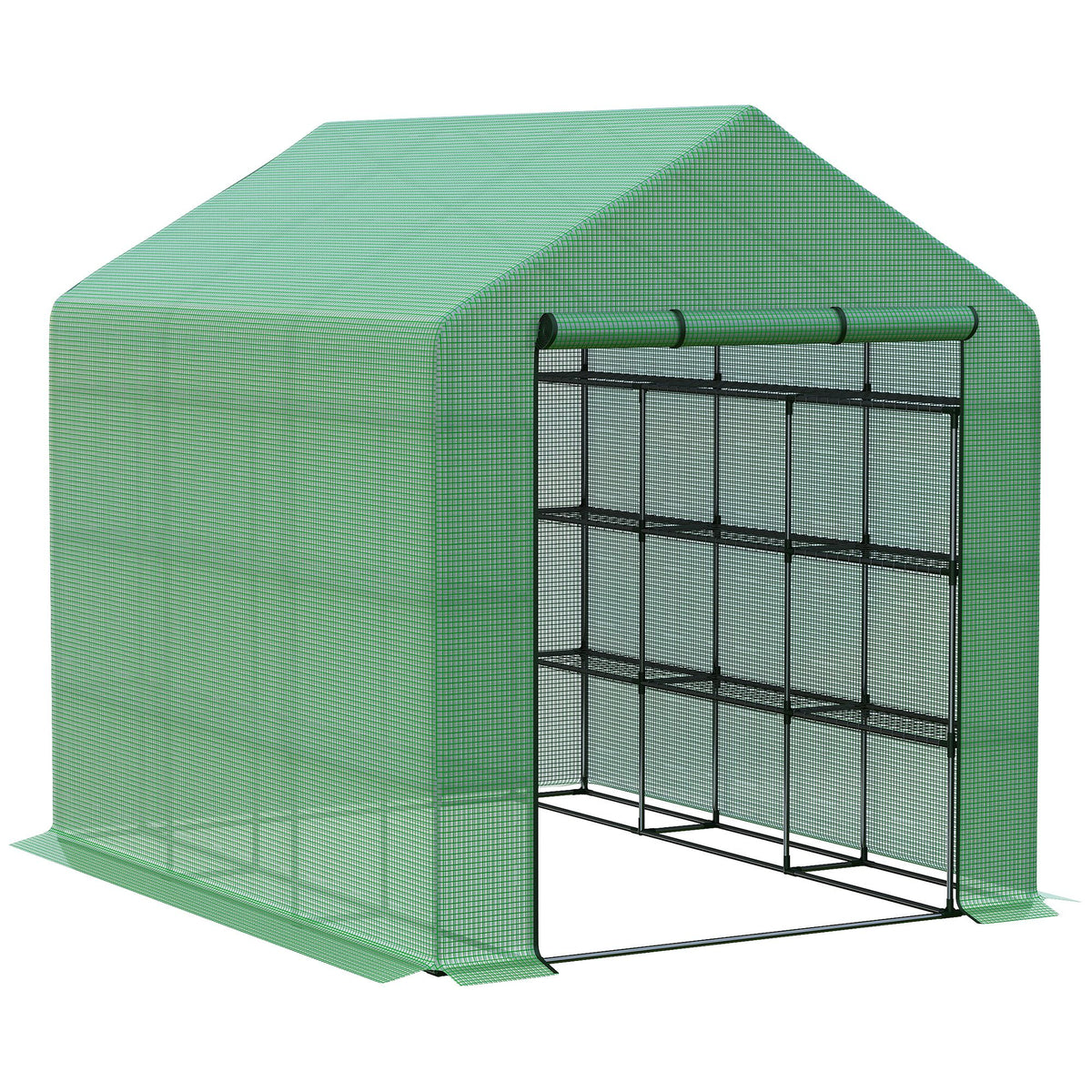 Outsunny Walk-in Greenhouse with 4 Tier 24 Shelves, Portable Grow House with Roll-up Zipped Door, 244 x 180 x 210cm, Green