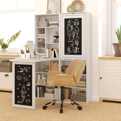 HOMCOM Wall Mounted Computer Desk, Folding Study Table with Black Board and Bookshelf, Multifunctional Floating Writing Desk for Home Office, White
