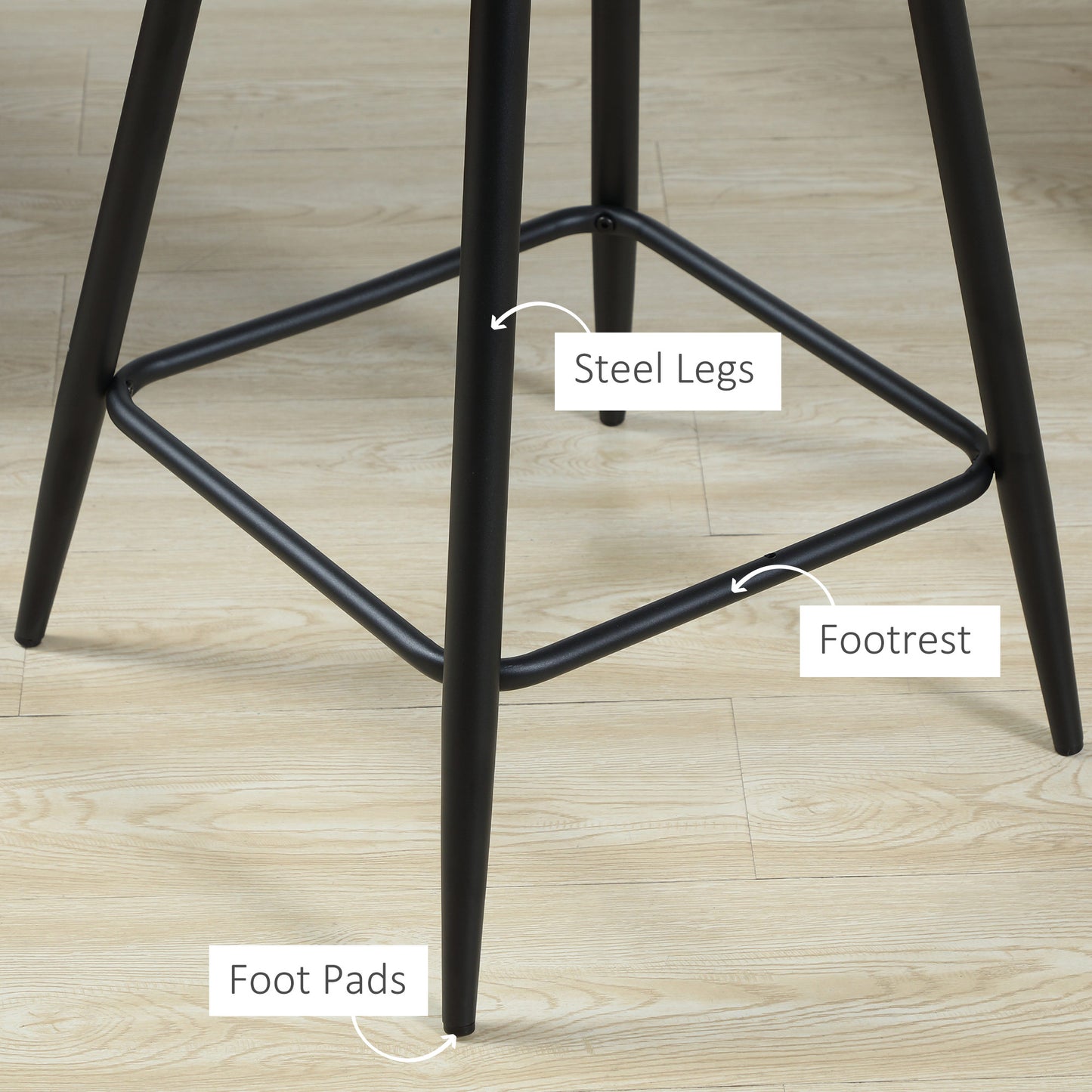 HOMCOM Bar Stools Set of 2, Velvet-Touch Fabric Counter Height Bar Chairs, Kitchen Stools with Steel Legs for Dining Area, Kitchen Island Barstools, Grey
