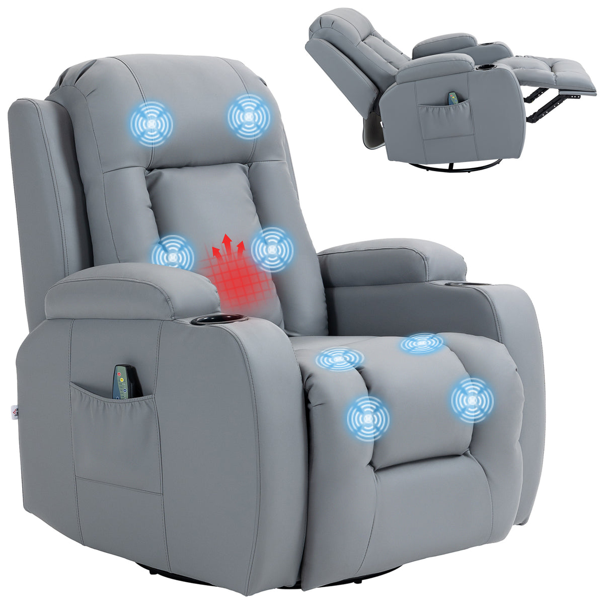 HOMCOM Massage Recliner Chair with 8 Vibration & Heat, PU Leather Recliner Armchair with Cup Holders and Side Pockets, Manual Reclining Chair with Remote, 360√Ç¬∞ Swivel, Rocking, Light Grey