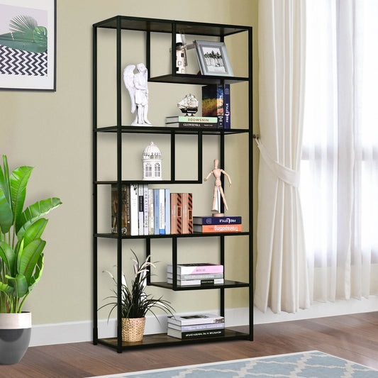 HOMCOM 6 Tier Bookcase, Industrial Tall Shelf Unit with Steel Frame for Home Office, Study, Living Room, Hallway, 82 x 33.5 x 175 cm, Rustic Brown and Black