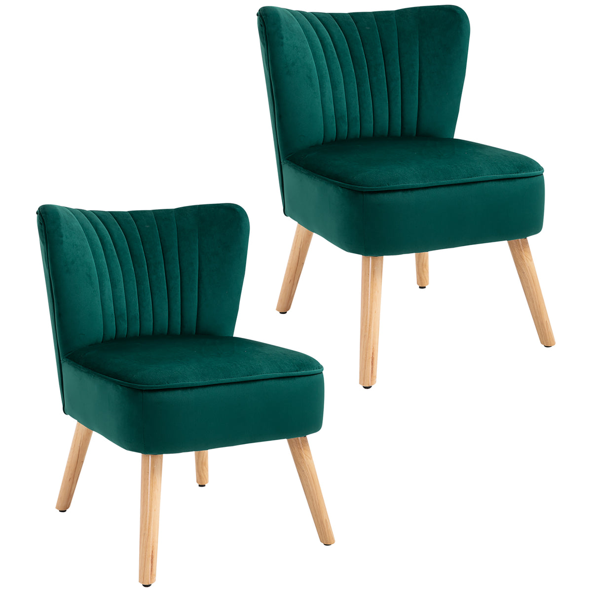 HOMCOM Velvet Accent Chair Occasional Tub Seat Padding Curved Back with Wood Frame Legs Home Furniture Set of 2 Green